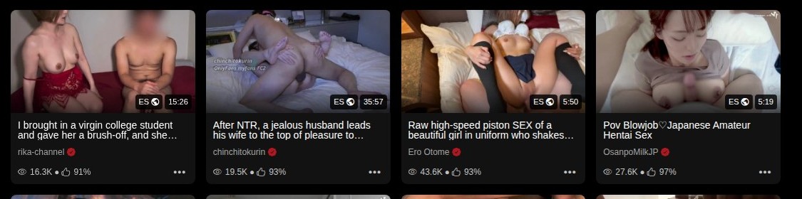 Quatro cartões de vídeo do RedTube, com duração na miniatura, título, canal e contagem de visualizações